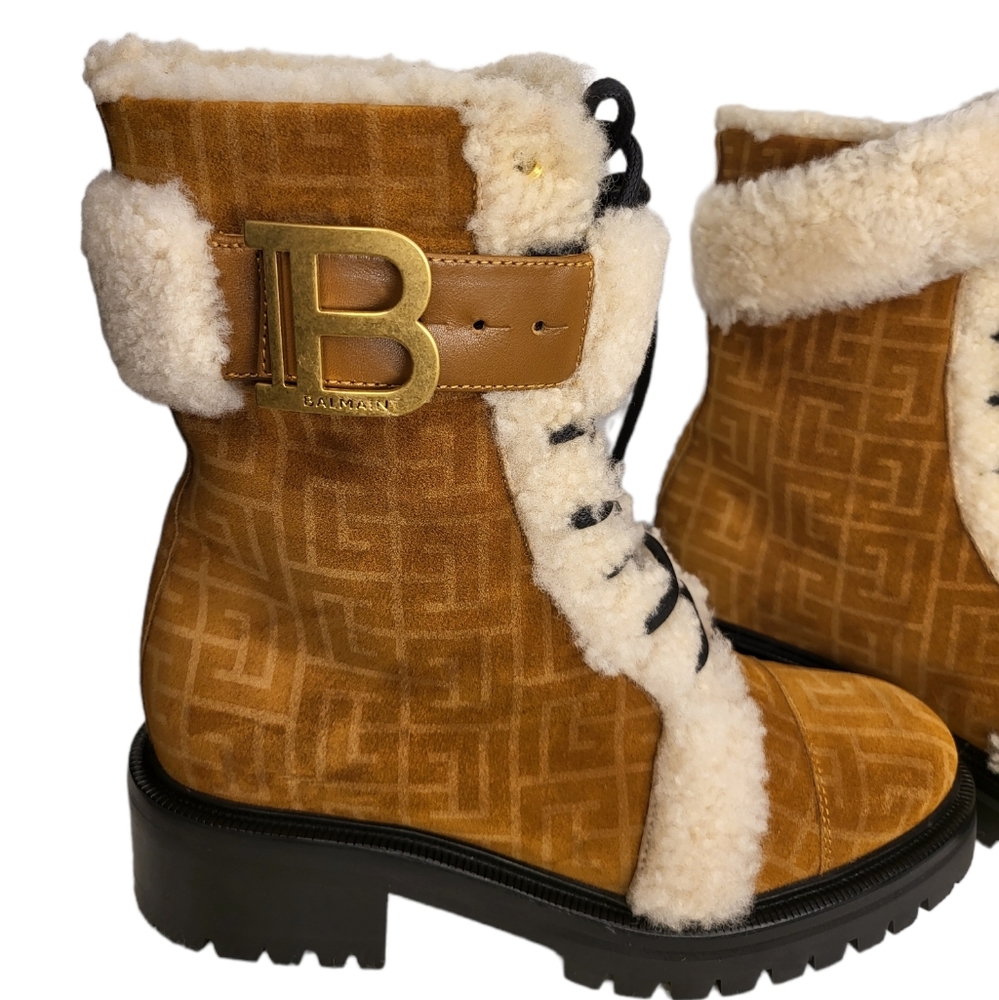 [SOLD] Balmain Ranger Romy Shearling Monogram Combat Boots